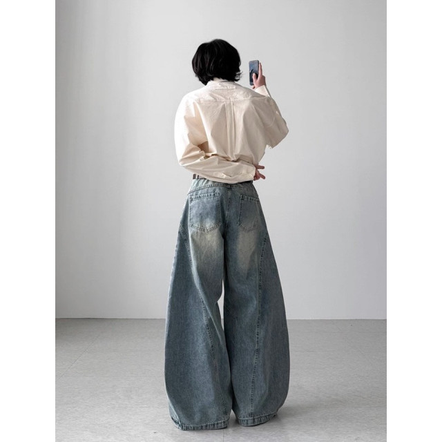 韓國🇰🇷拼接線刷破丹寧彎刀褲『韓國連線』