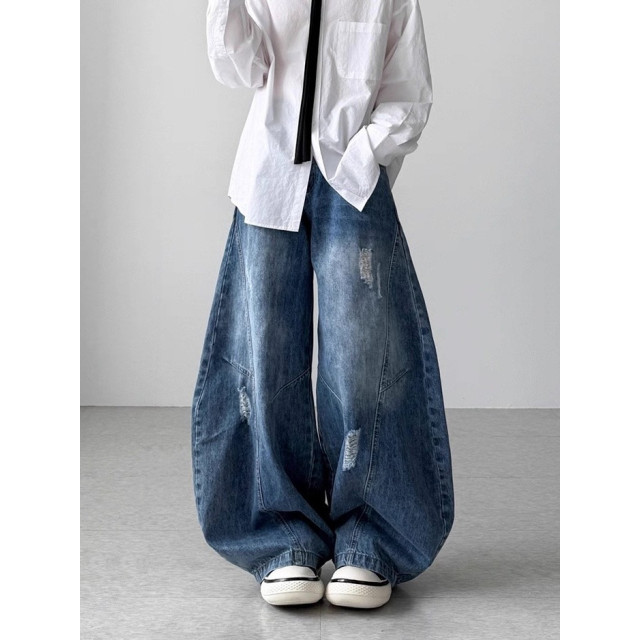 韓國🇰🇷拼接線刷破丹寧彎刀褲『韓國連線』