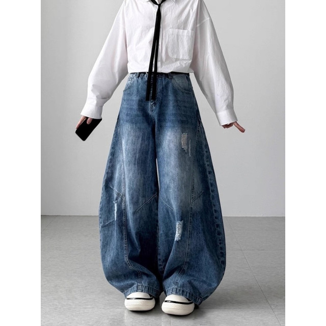 韓國🇰🇷拼接線刷破丹寧彎刀褲『韓國連線』