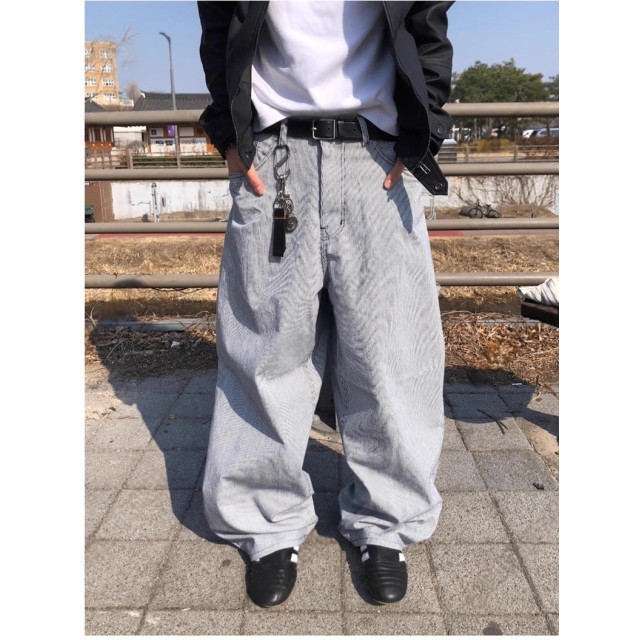 韓國🇰🇷『1+1』水洗條紋雙口袋短袖襯衫+水洗條紋直筒丹寧工作褲『韓國連線』