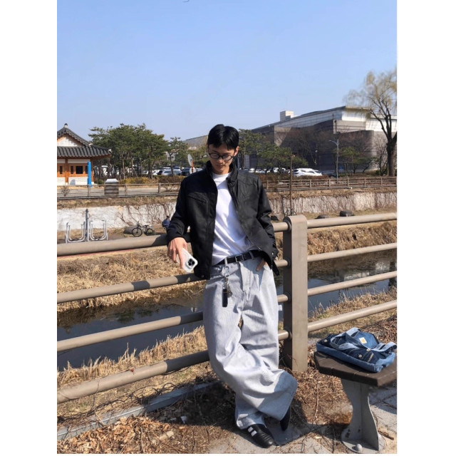 韓國🇰🇷『1+1』水洗條紋雙口袋短袖襯衫+水洗條紋直筒丹寧工作褲『韓國連線』