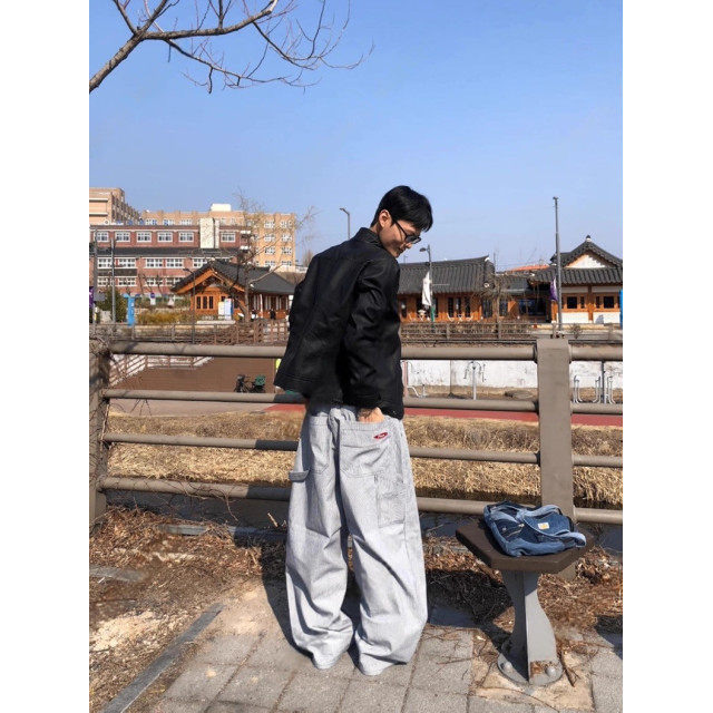 韓國🇰🇷『1+1』水洗條紋雙口袋短袖襯衫+水洗條紋直筒丹寧工作褲『韓國連線』