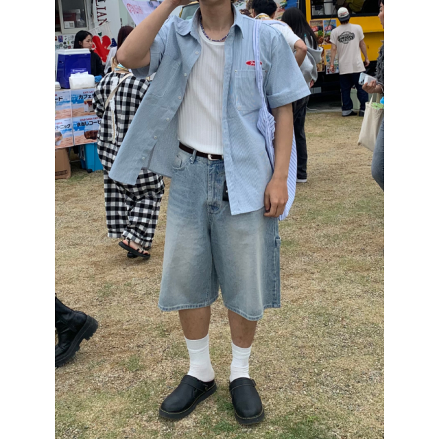 韓國🇰🇷水洗條紋雙口袋短袖襯衫『韓國連線』