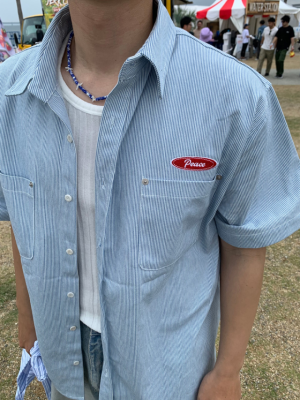 韓國🇰🇷水洗條紋雙口袋短袖襯衫『韓國連線』