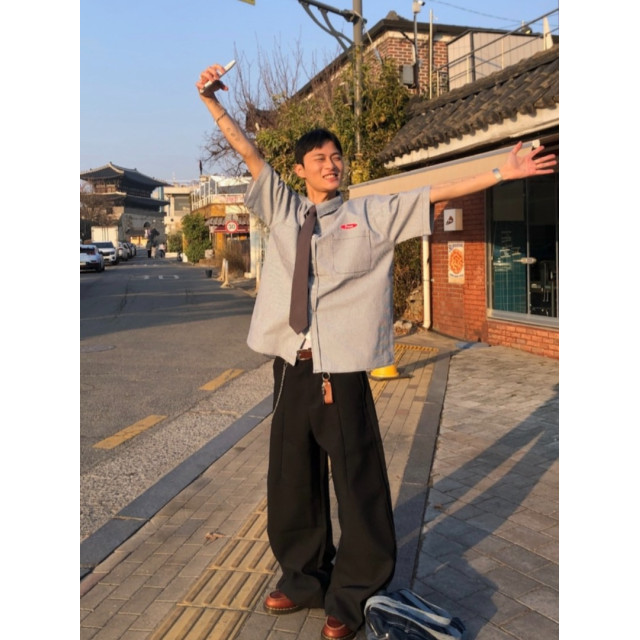 韓國🇰🇷水洗條紋雙口袋短袖襯衫『韓國連線』