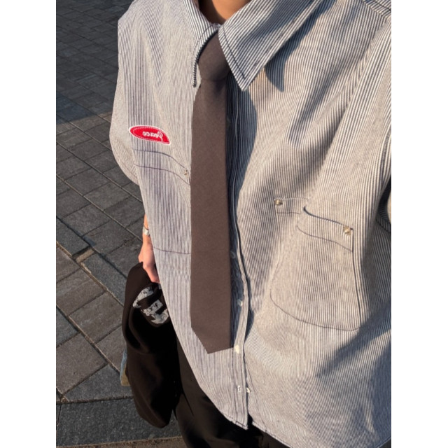 韓國🇰🇷『1+1』水洗條紋雙口袋短袖襯衫+水洗條紋直筒丹寧工作褲『韓國連線』