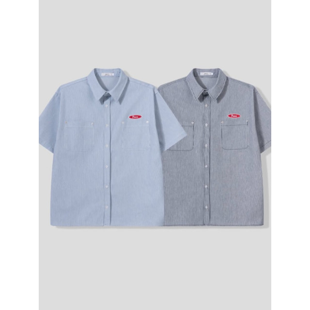 韓國🇰🇷『1+1』水洗條紋雙口袋短袖襯衫+水洗條紋直筒丹寧工作褲『韓國連線』