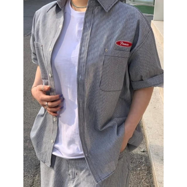 韓國🇰🇷『1+1』水洗條紋雙口袋短袖襯衫+水洗條紋直筒丹寧工作褲『韓國連線』