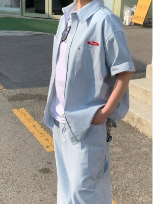 韓國🇰🇷『1+1』水洗條紋雙口袋短袖襯衫+水洗條紋直筒丹寧工作褲『韓國連線』