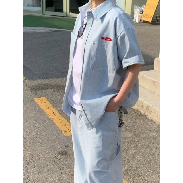 韓國🇰🇷『1+1』水洗條紋雙口袋短袖襯衫+水洗條紋直筒丹寧工作褲『韓國連線』