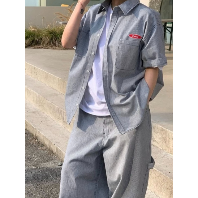 韓國🇰🇷水洗條紋雙口袋短袖襯衫『韓國連線』