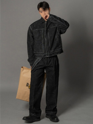 韓國🇰🇷『1+1』燈心絨車線翻領短版夾克+燈心絨腰帶丹寧褲『韓國連線』