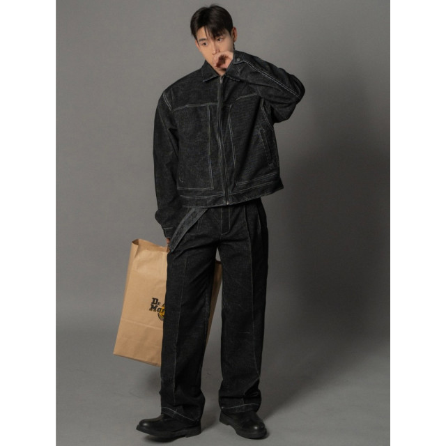 韓國🇰🇷『1+1』燈心絨車線翻領短版夾克+燈心絨腰帶丹寧褲『韓國連線』